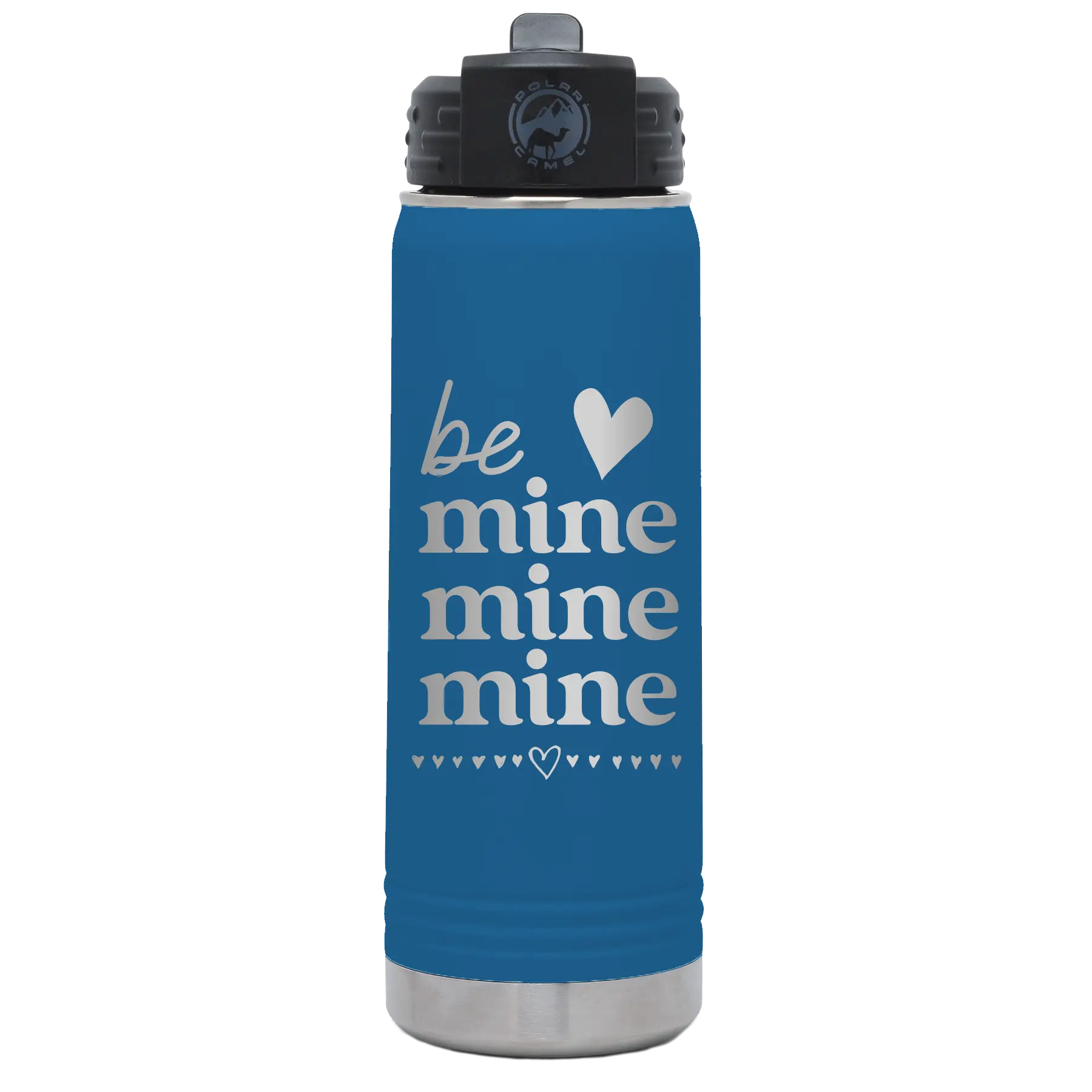 Laser etched royal blue 20 oz vacuum insulated water bottle with 'Be Mine Mine Mine' design