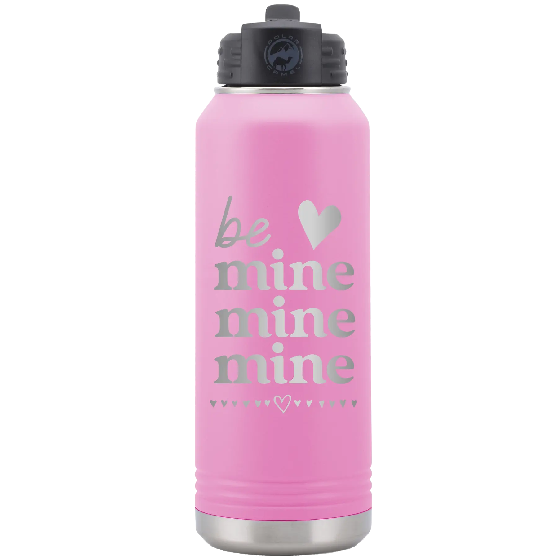 Laser etched light purple 32 oz vacuum insulated water bottle with 'Be Mine Mine Mine' design