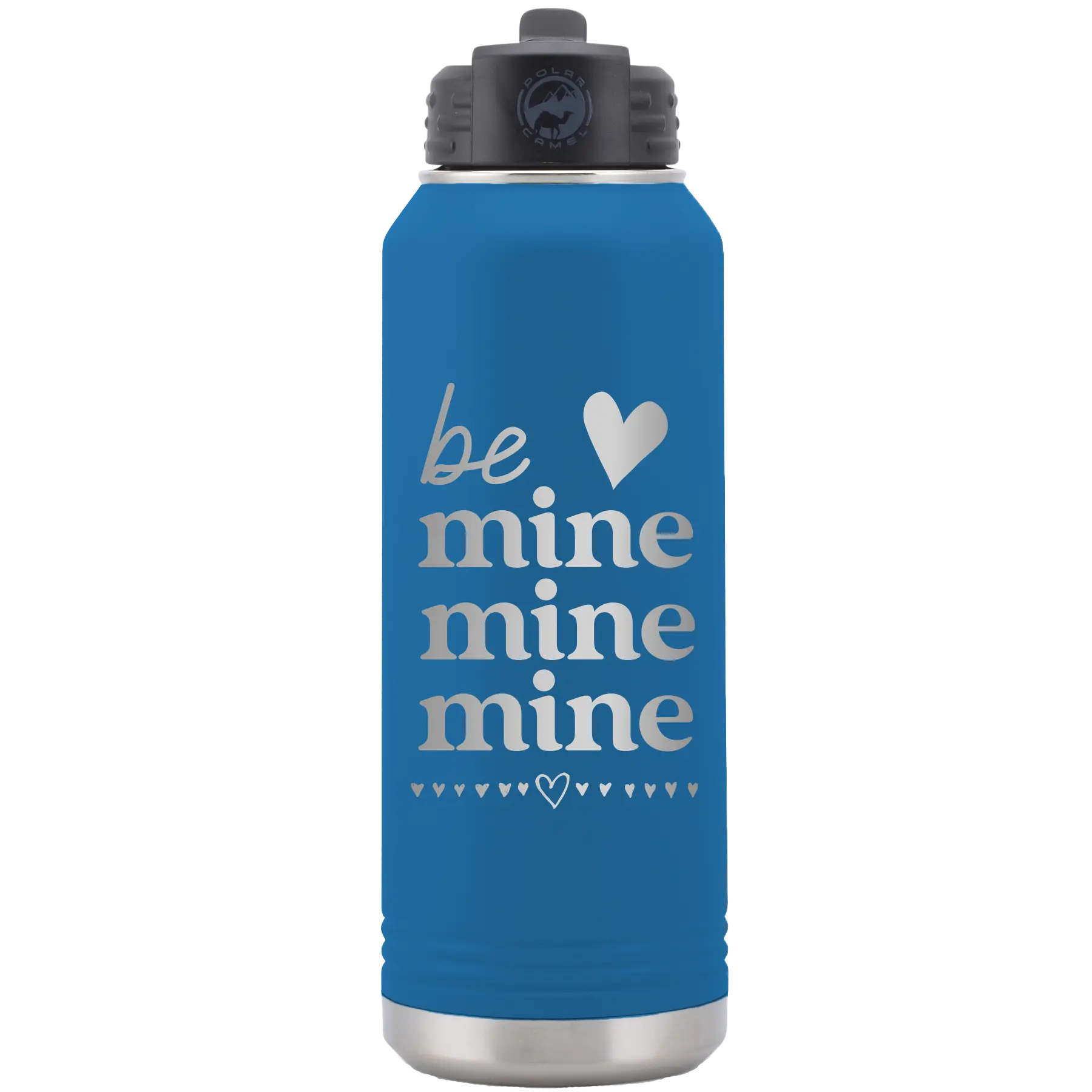 Laser etched royal blue 32 oz vacuum insulated water bottle with 'Be Mine Mine Mine' design