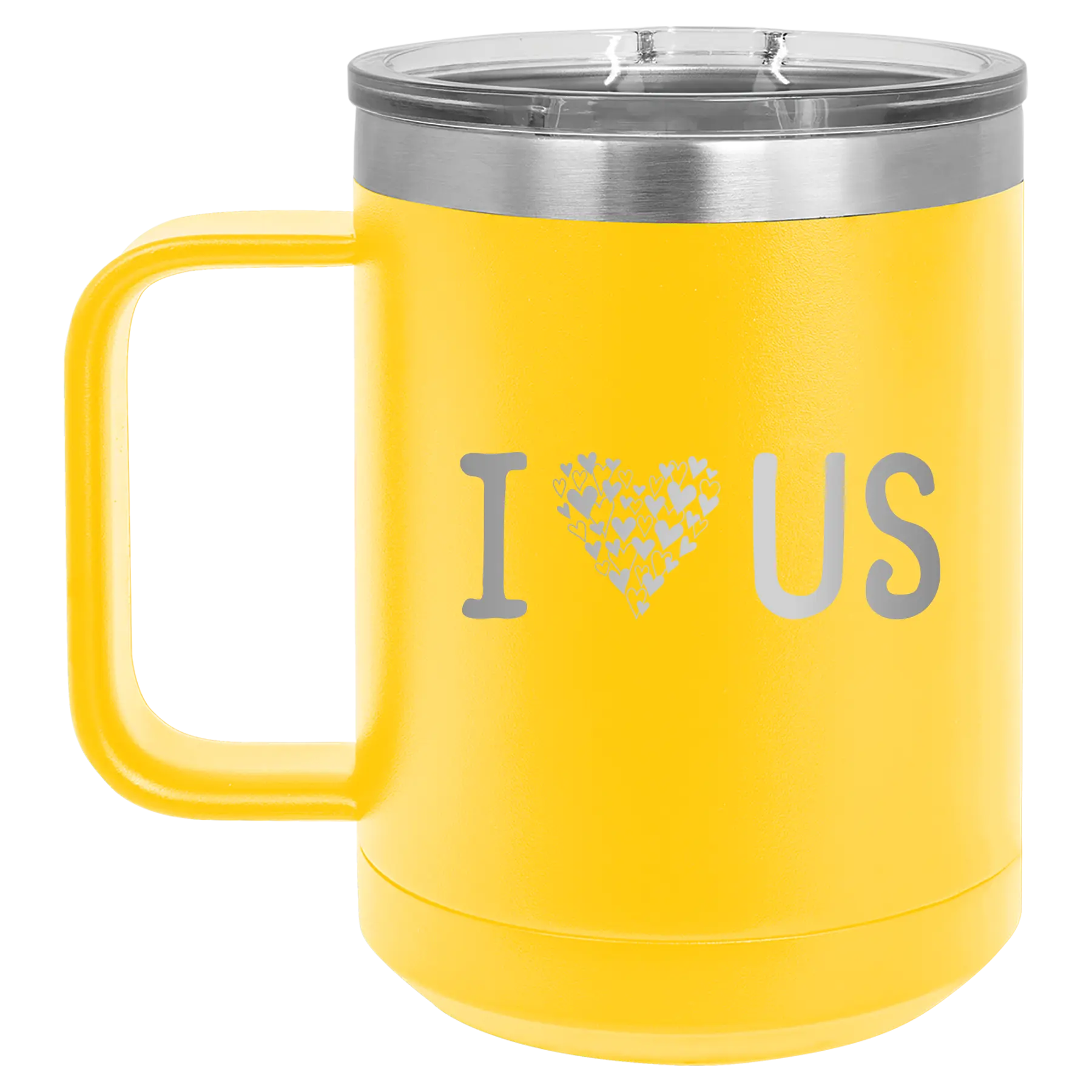 Laser etched yellow 15 oz vacuum insulated coffee mug with 'I Love Us' design