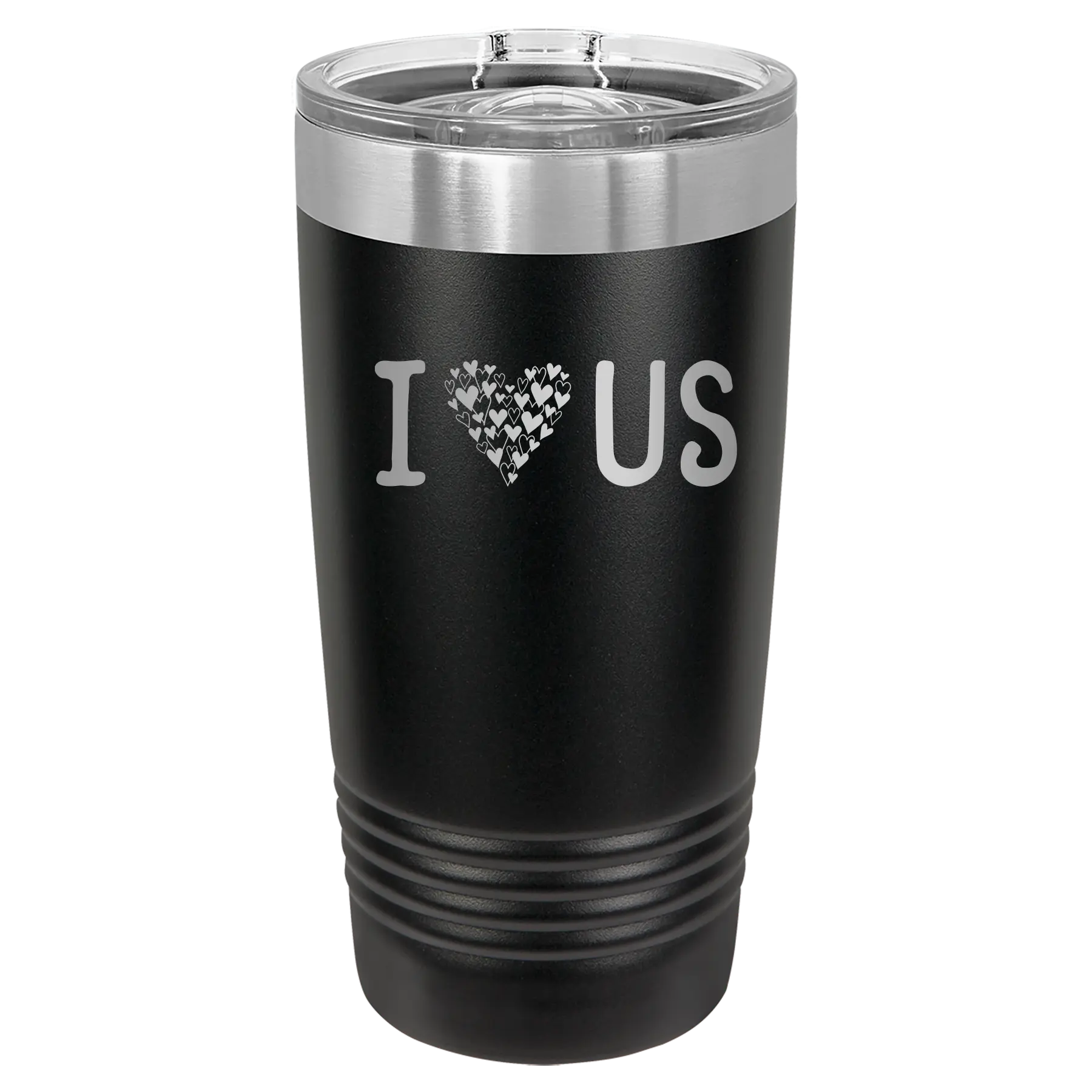 Laser etched black 20 oz vacuum insulated tumbler with 'I Love Us' design