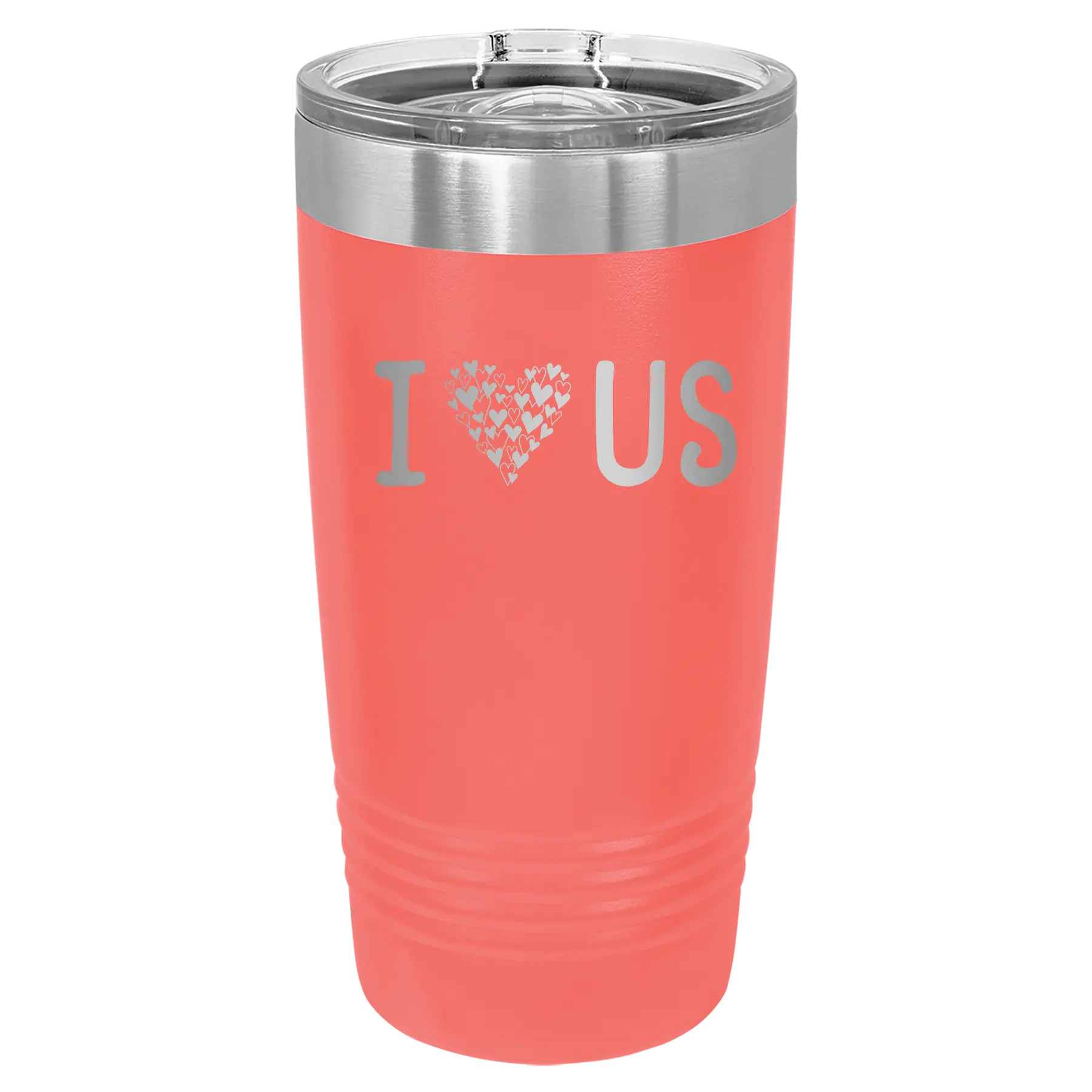 Laser etched coral 20 oz vacuum insulated tumbler with 'I Love Us' design