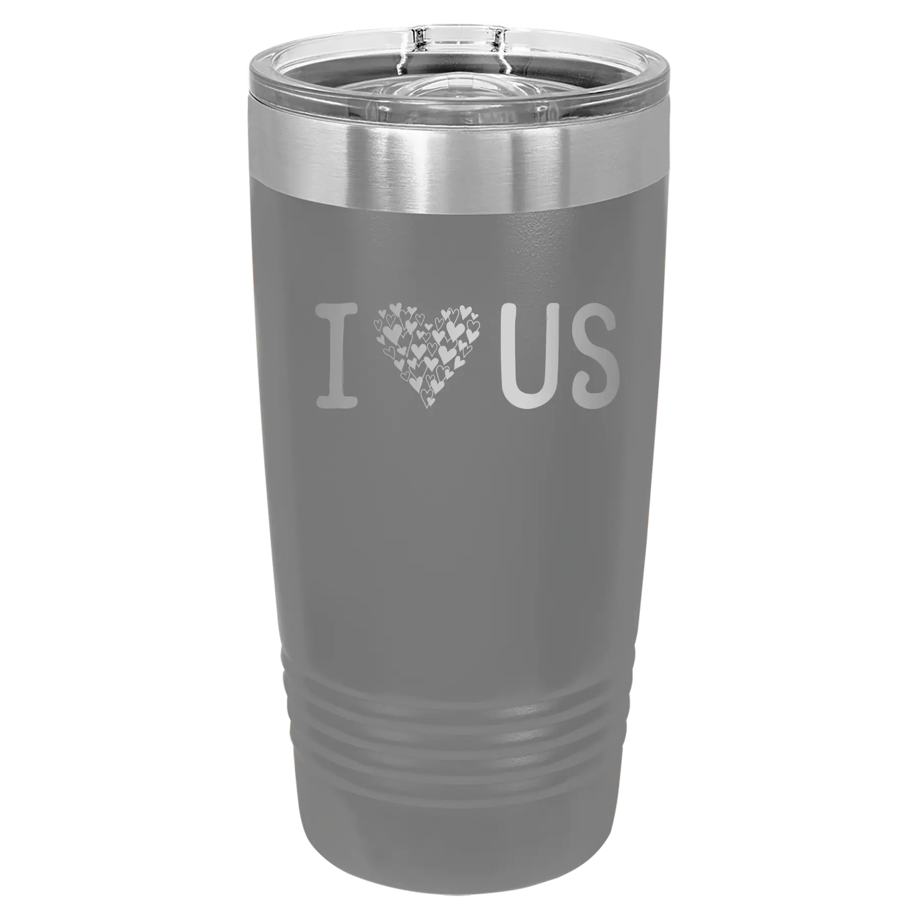 Laser etched dark gray 20 oz vacuum insulated tumbler with 'I Love Us' design