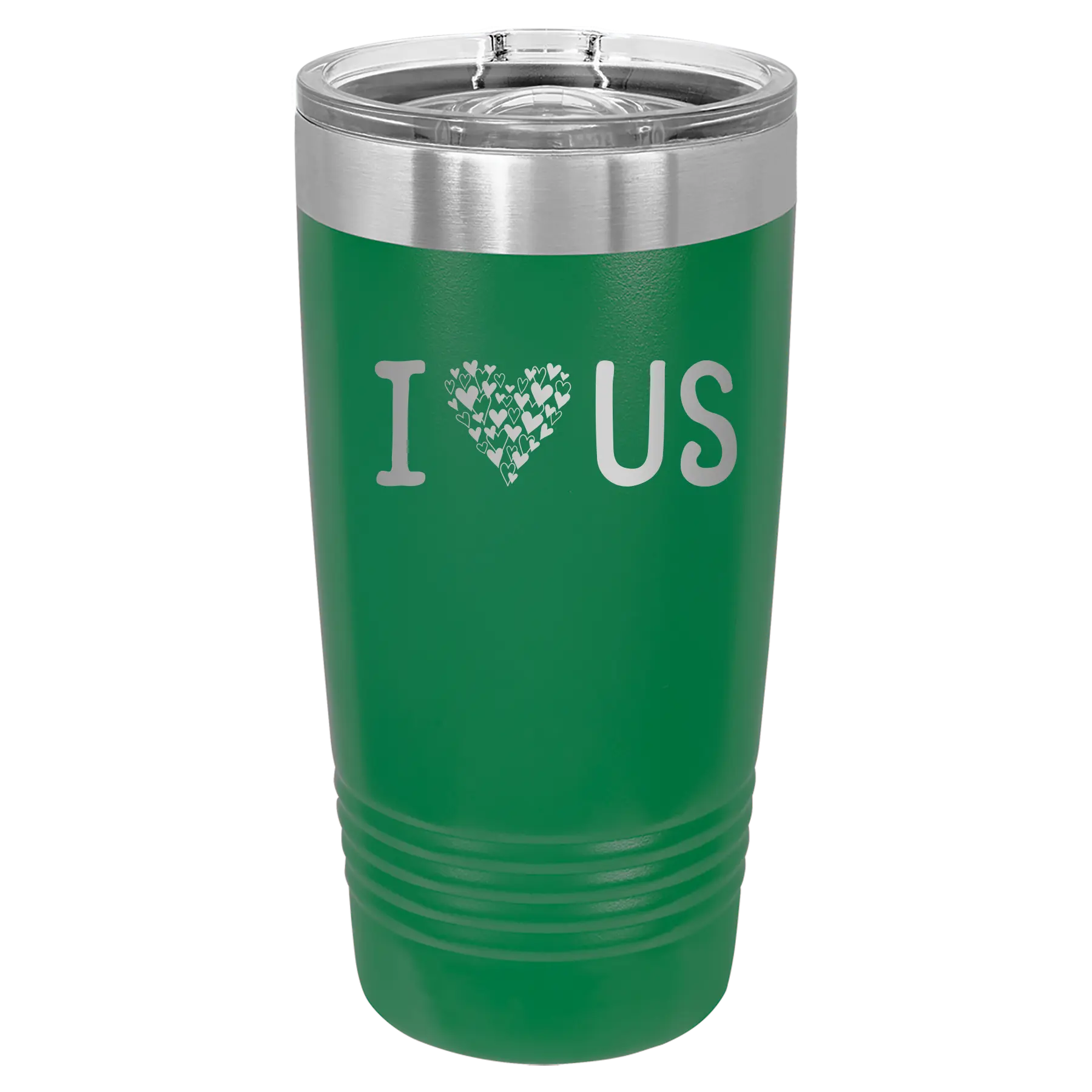 Laser etched green 20 oz vacuum insulated tumbler with 'I Love Us' design