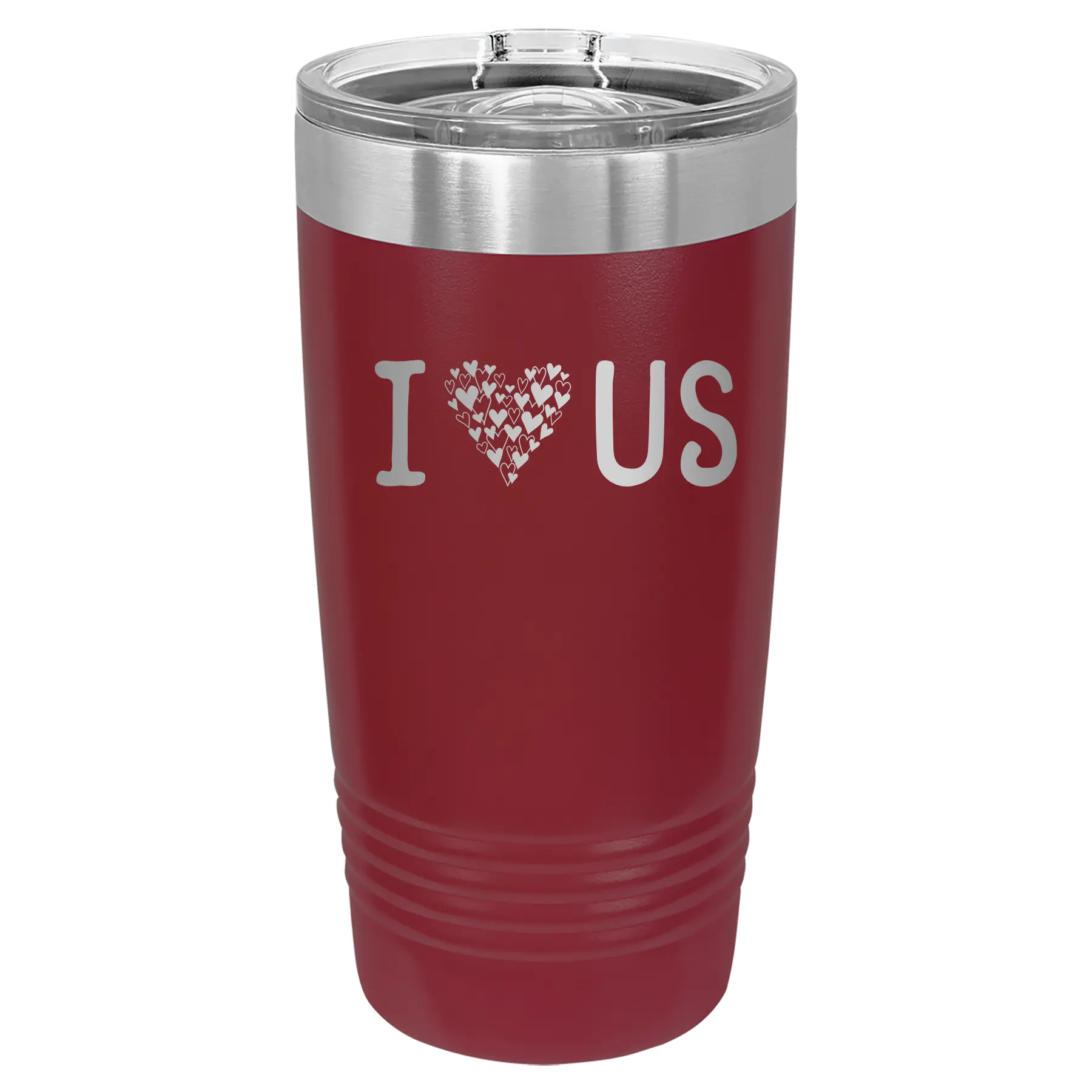 Laser etched maroon 20 oz vacuum insulated tumbler with 'I Love Us' design