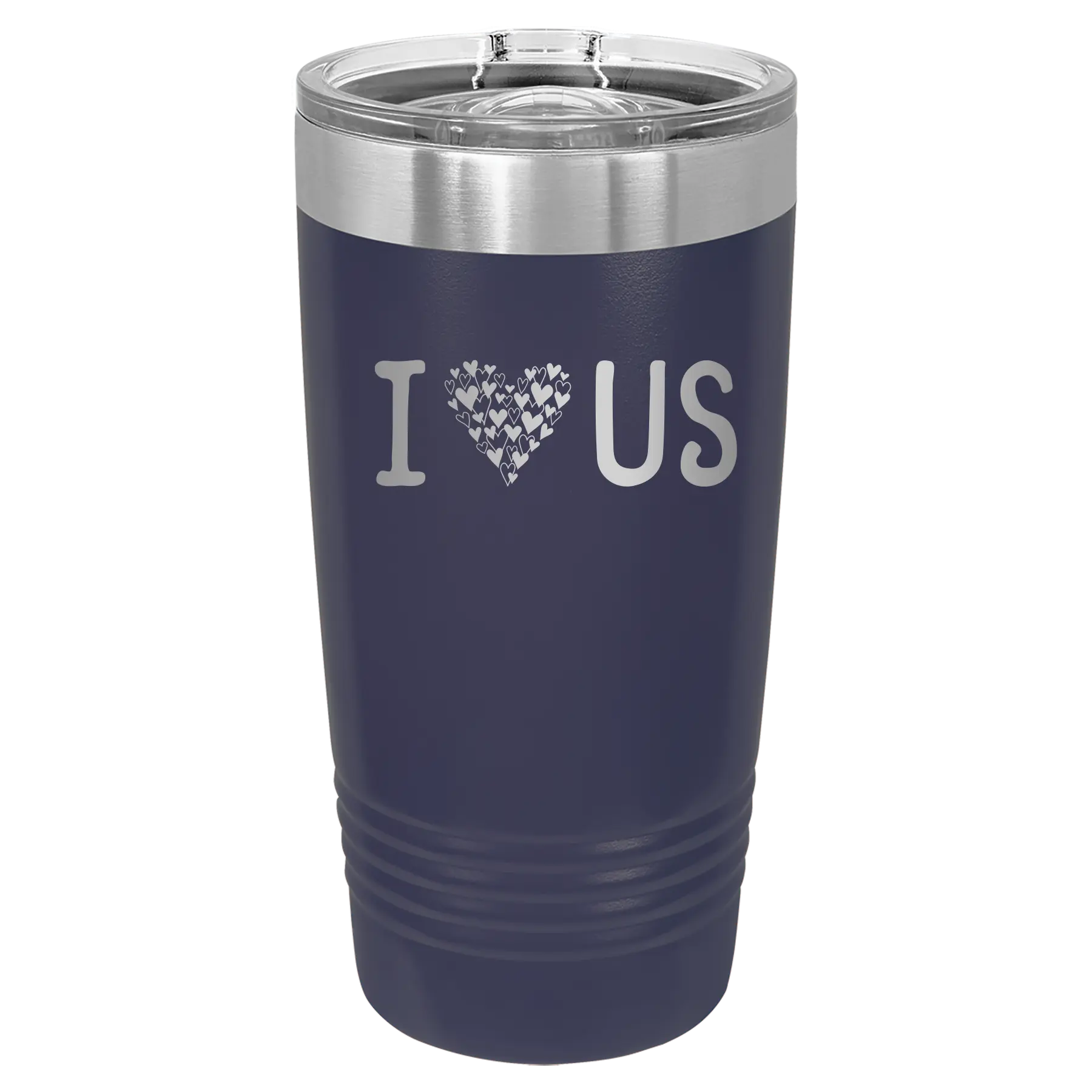 Laser etched navy 20 oz vacuum insulated tumbler with 'I Love Us' design