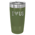 Laser etched olive green 20 oz vacuum insulated tumbler with 'I Love Us' design