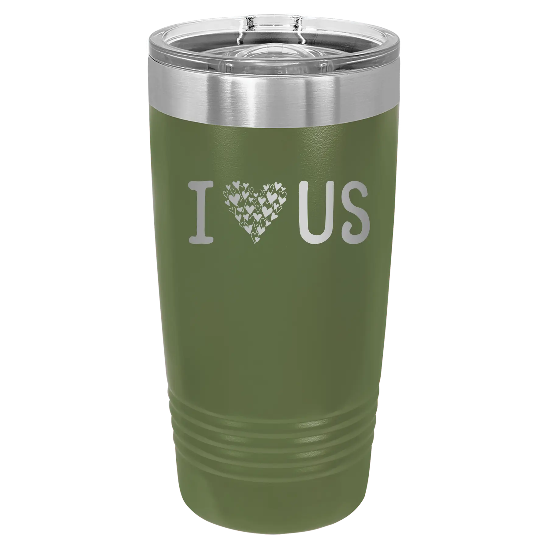 Laser etched olive green 20 oz vacuum insulated tumbler with 'I Love Us' design