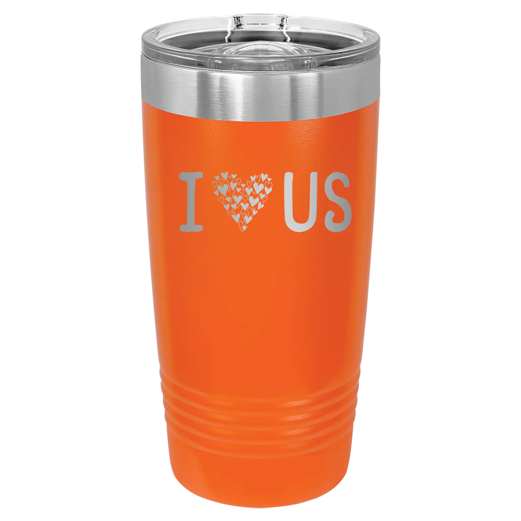 Laser etched orange 20 oz vacuum insulated tumbler with 'I Love Us' design