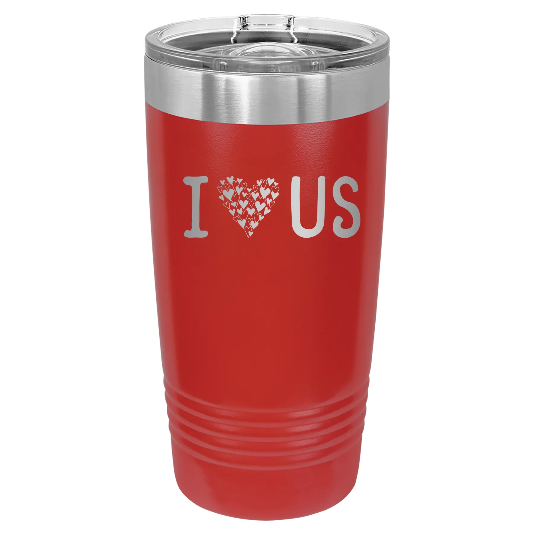 Laser etched red 20 oz vacuum insulated tumbler with 'I Love Us' design