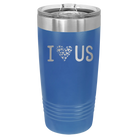 Laser etched royal blue 20 oz vacuum insulated tumbler with 'I Love Us' design