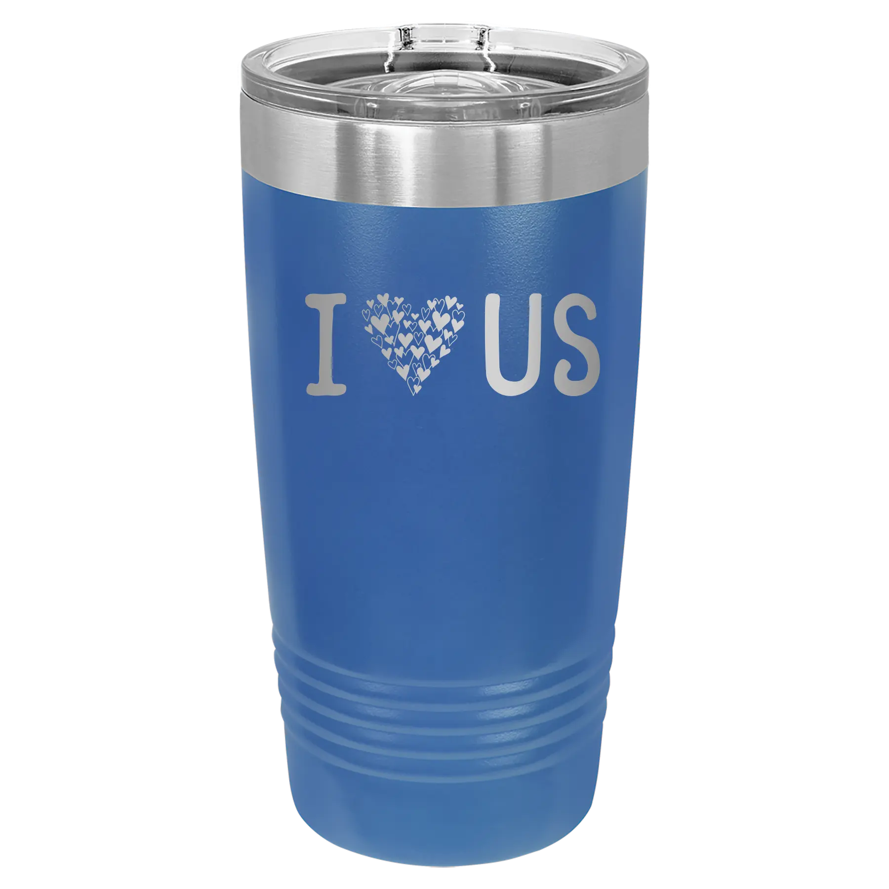 Laser etched royal blue 20 oz vacuum insulated tumbler with 'I Love Us' design