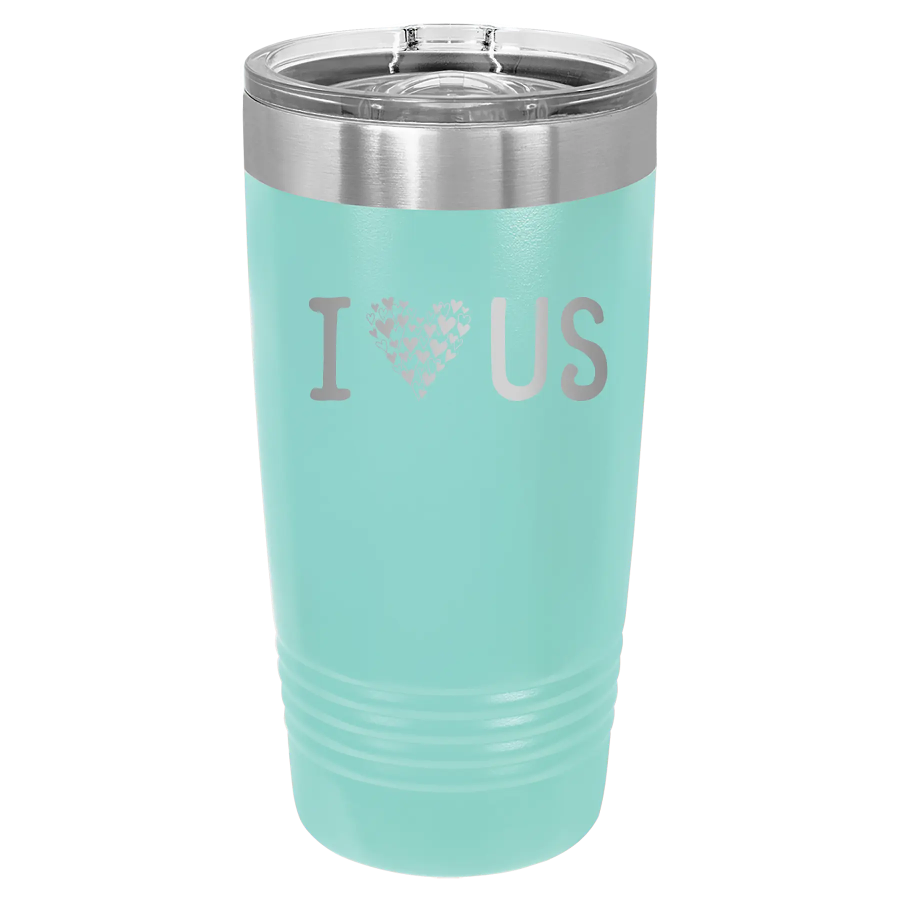 Laser etched teal 20 oz vacuum insulated tumbler with 'I Love Us' design