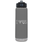 Laser etched dark gray 20 oz vacuum insulated water bottle with 'I Love Us' design