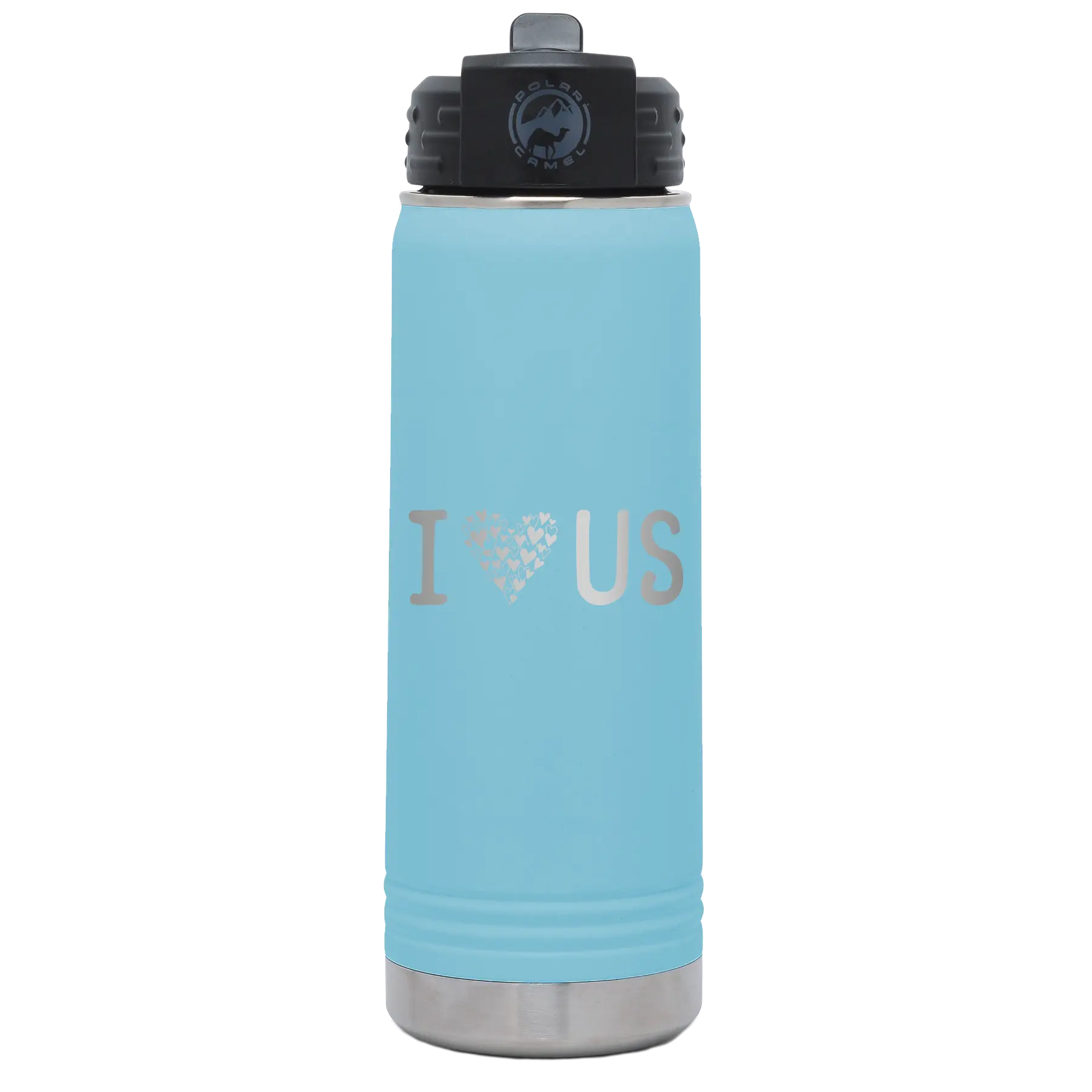 Laser etched light blue 20 oz vacuum insulated water bottle with 'I Love Us' design