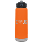 Laser etched orange 20 oz vacuum insulated water bottle with 'I Love Us' design