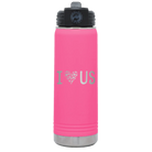 Laser etched pink 20 oz vacuum insulated water bottle with 'I Love Us' design