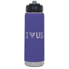 Laser etched purple 20 oz vacuum insulated water bottle with 'I Love Us' design
