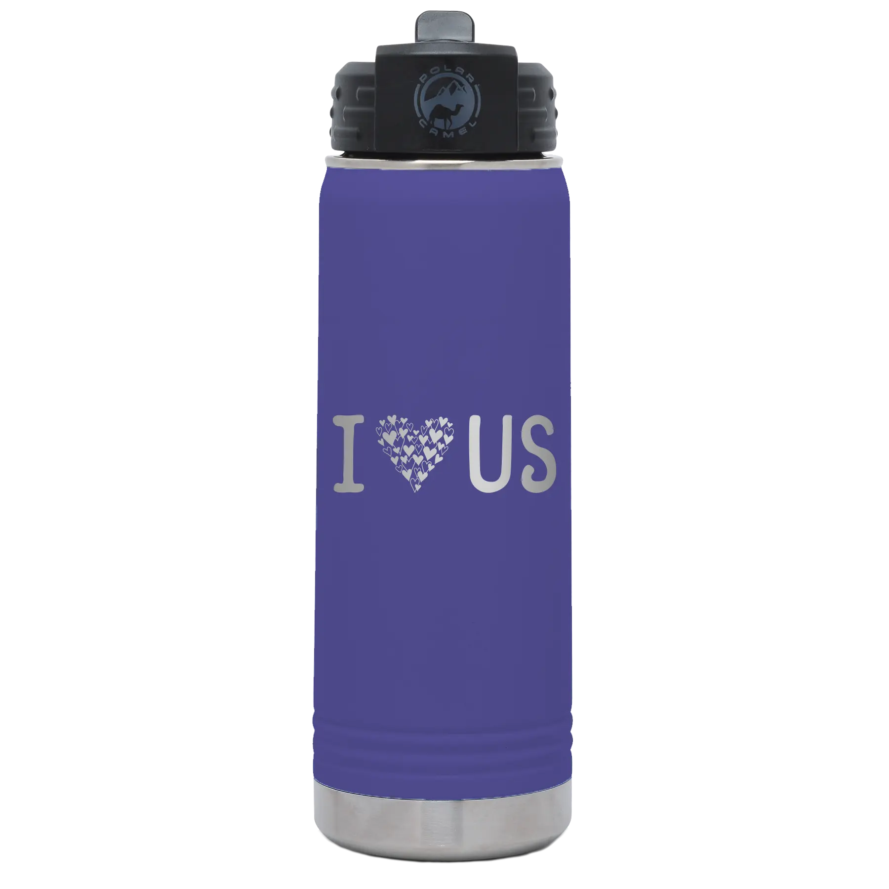 Laser etched purple 20 oz vacuum insulated water bottle with 'I Love Us' design