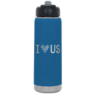 Laser etched royal blue 20 oz vacuum insulated water bottle with 'I Love Us' design