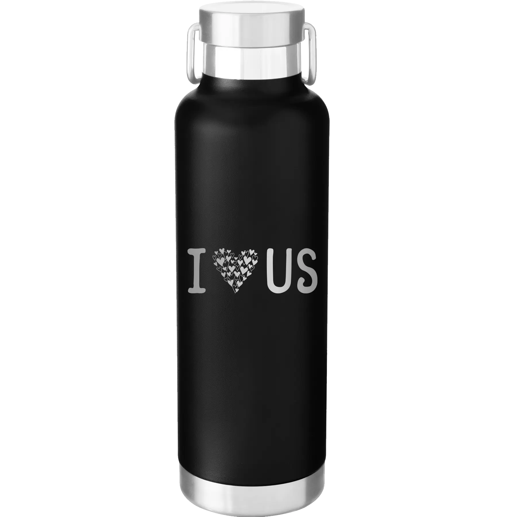Laser etched black 24 oz vacuum insulated water bottle with 'I Love Us' design