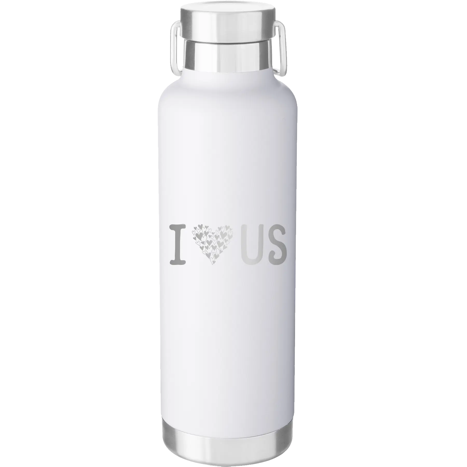 Laser etched white 24 oz vacuum insulated water bottle with 'I Love Us' design