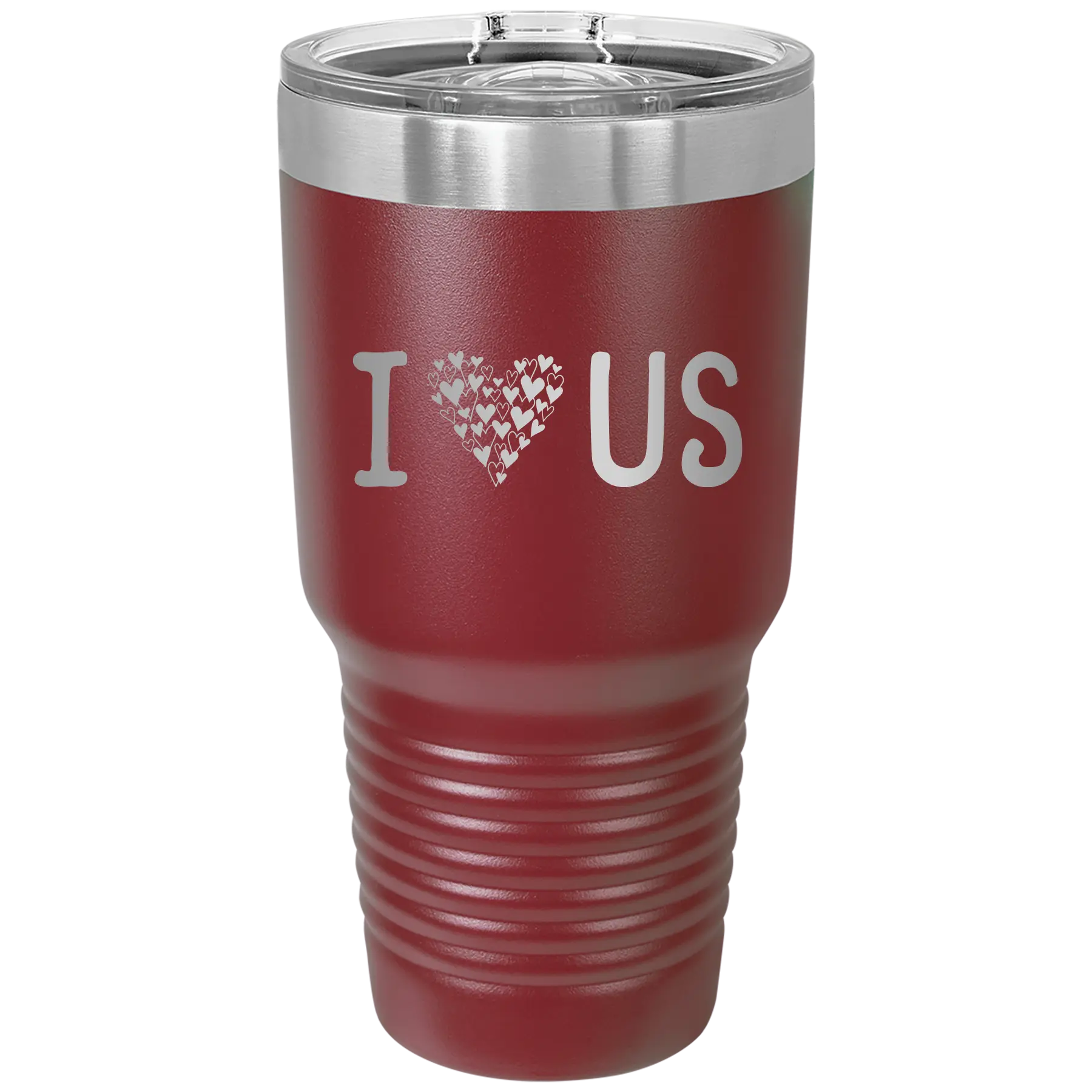 Laser etched maroon 30 oz vacuum insulated tumbler with 'I Love Us' design