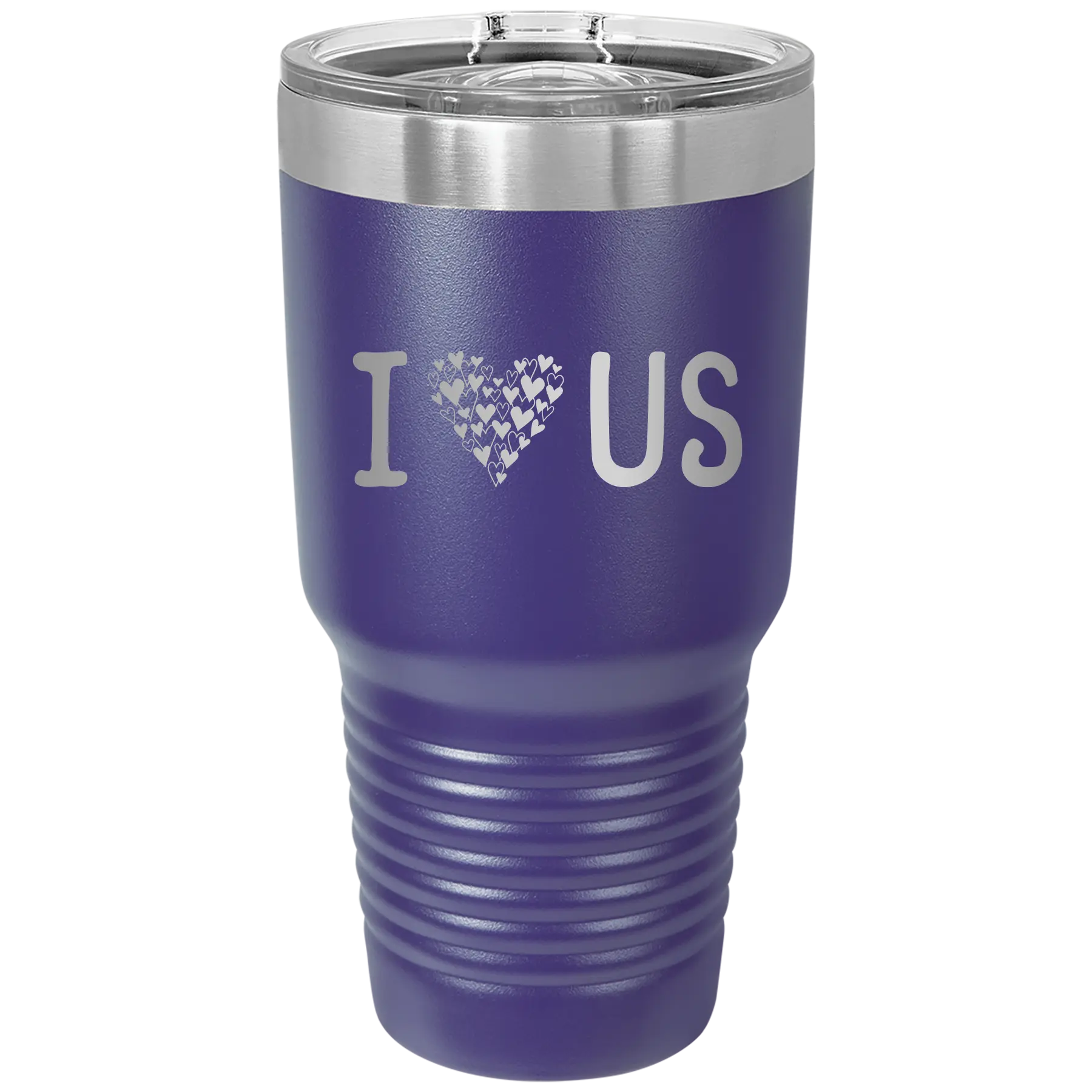 Laser etched purple 30 oz vacuum insulated tumbler with 'I Love Us' design