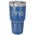 Laser etched royal blue 30 oz vacuum insulated tumbler with 'I Love Us' design