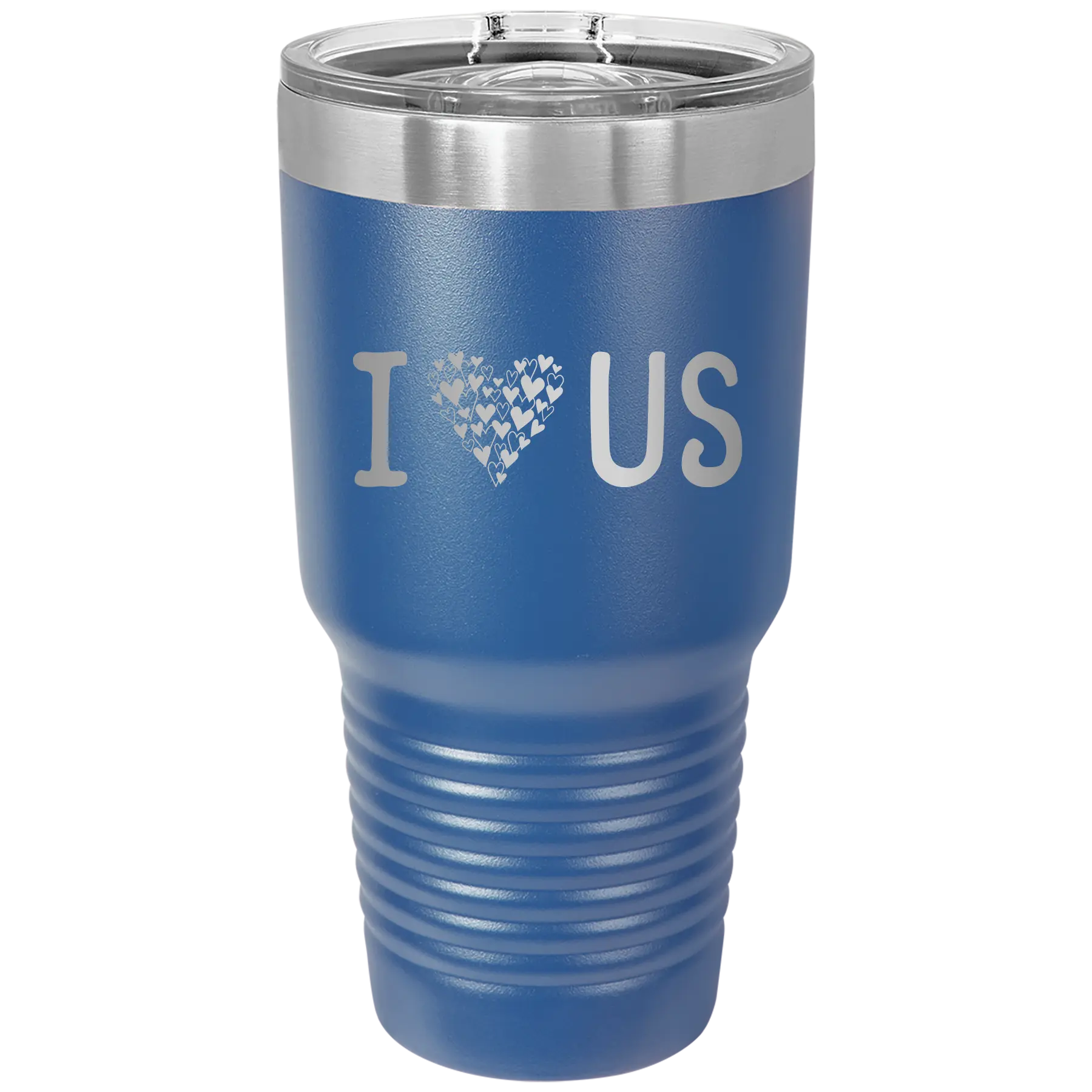 Laser etched royal blue 30 oz vacuum insulated tumbler with 'I Love Us' design