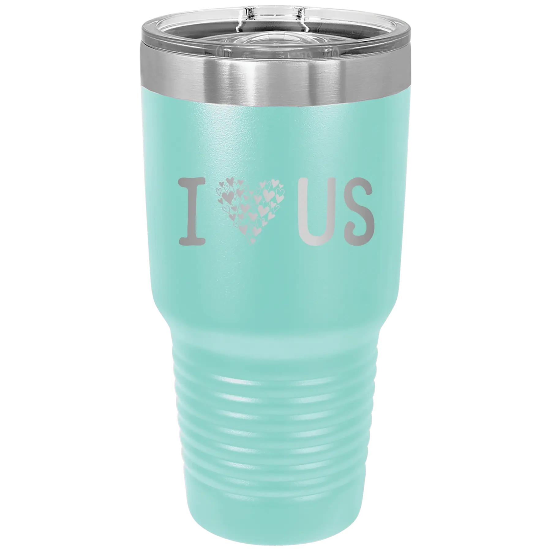 Laser etched teal 30 oz vacuum insulated tumbler with 'I Love Us' design