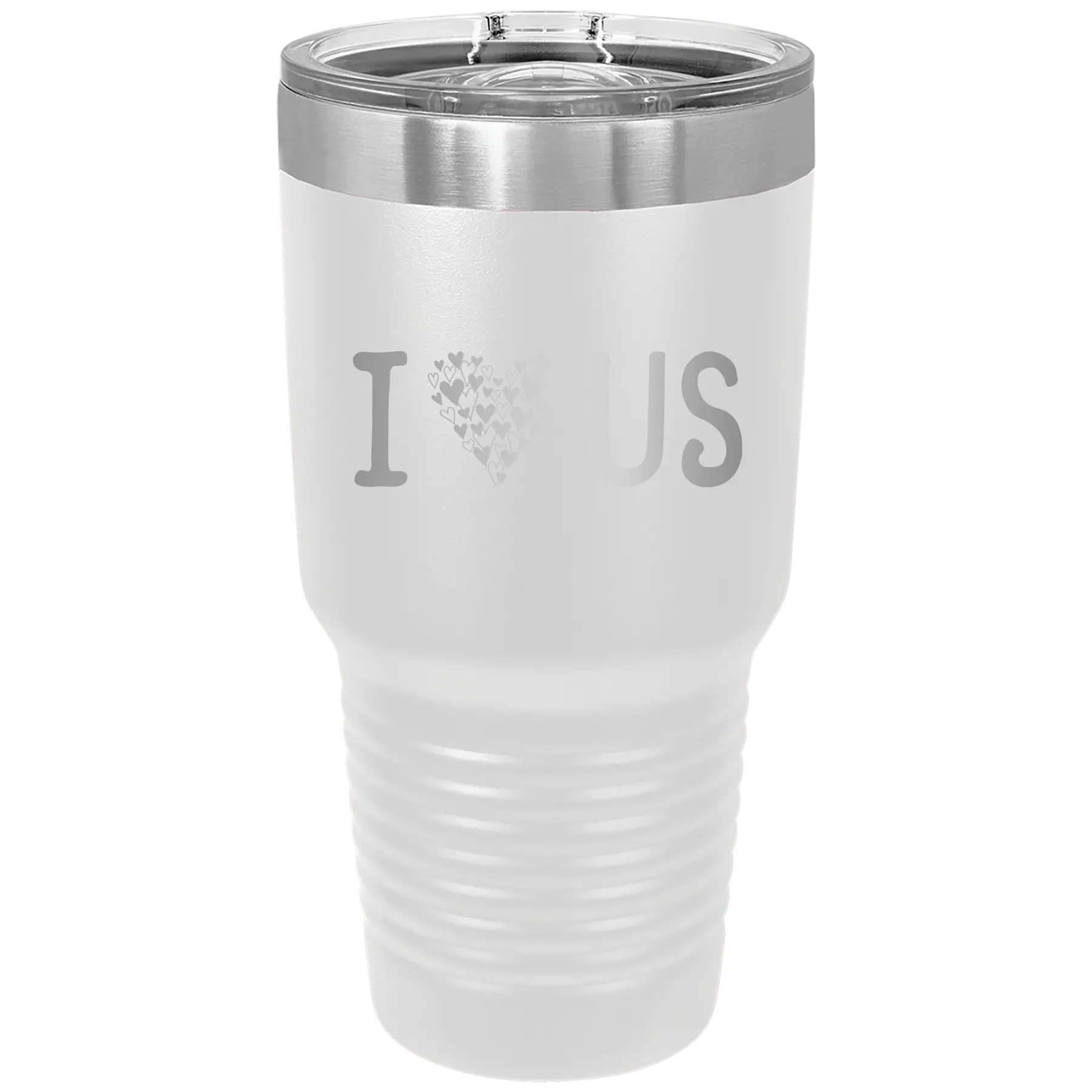 Laser etched white 30 oz vacuum insulated tumbler with 'I Love Us' design