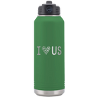 Laser etched green 32 oz vacuum insulated water bottle with 'I Love Us' design