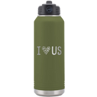 Laser etched olive green 32 oz vacuum insulated water bottle with 'I Love Us' design