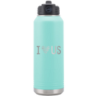 Laser etched teal 32 oz vacuum insulated water bottle with 'I Love Us' design