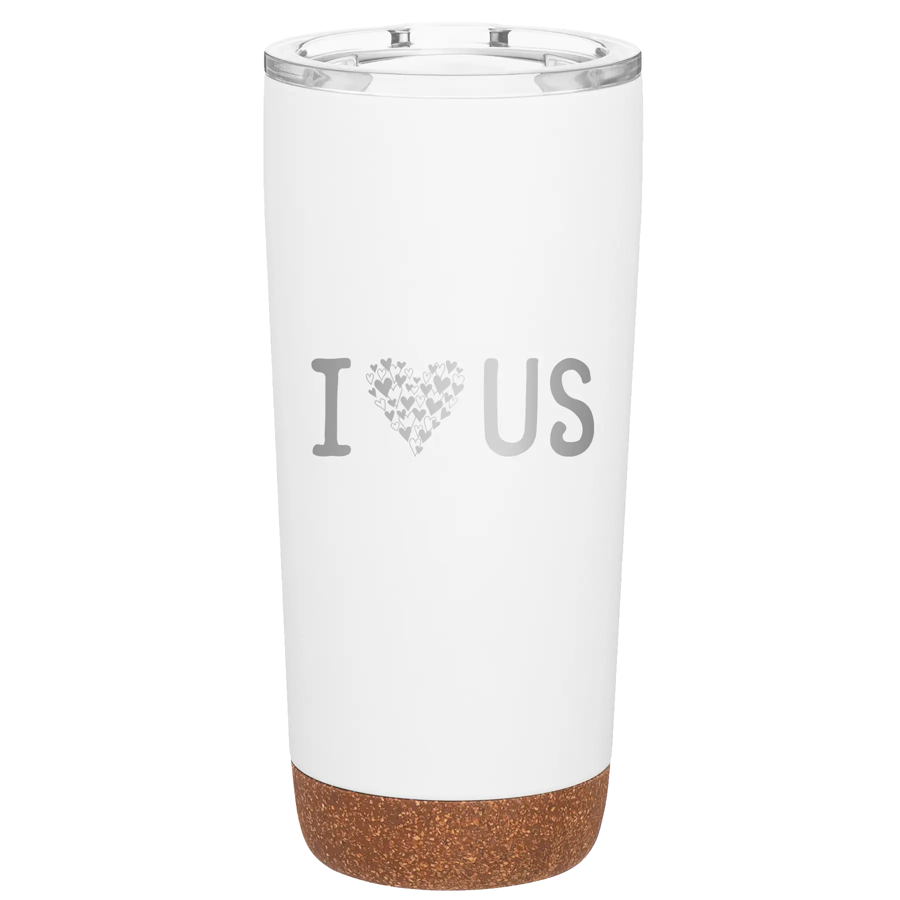 Laser etched white 20 oz vacuum insulated tumbler with 'I Love Us' design