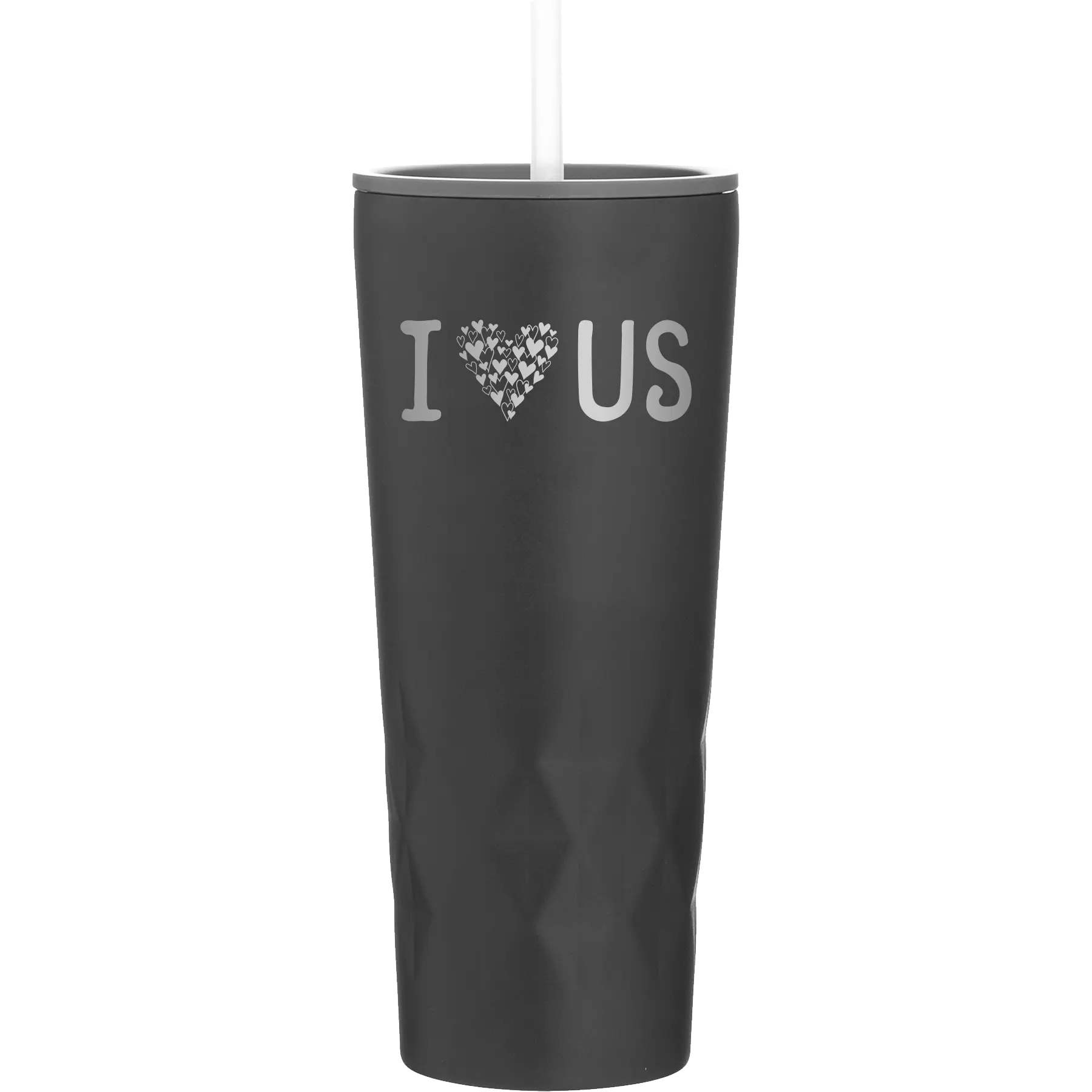 Laser etched black 20 oz vacuum insulated tumbler with 'I Love Us' design