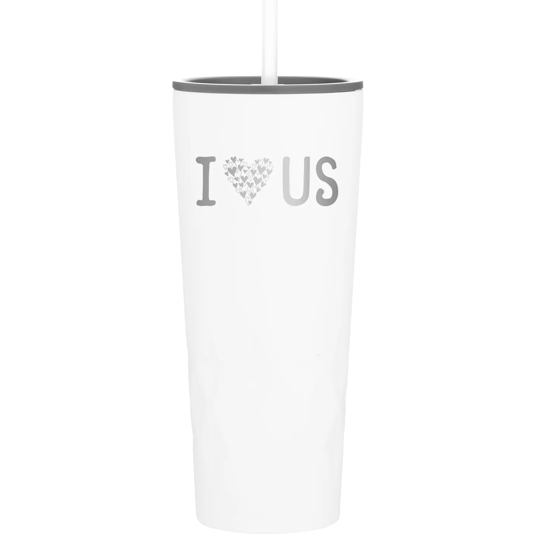 Laser etched white 20 oz vacuum insulated tumbler with 'I Love Us' design