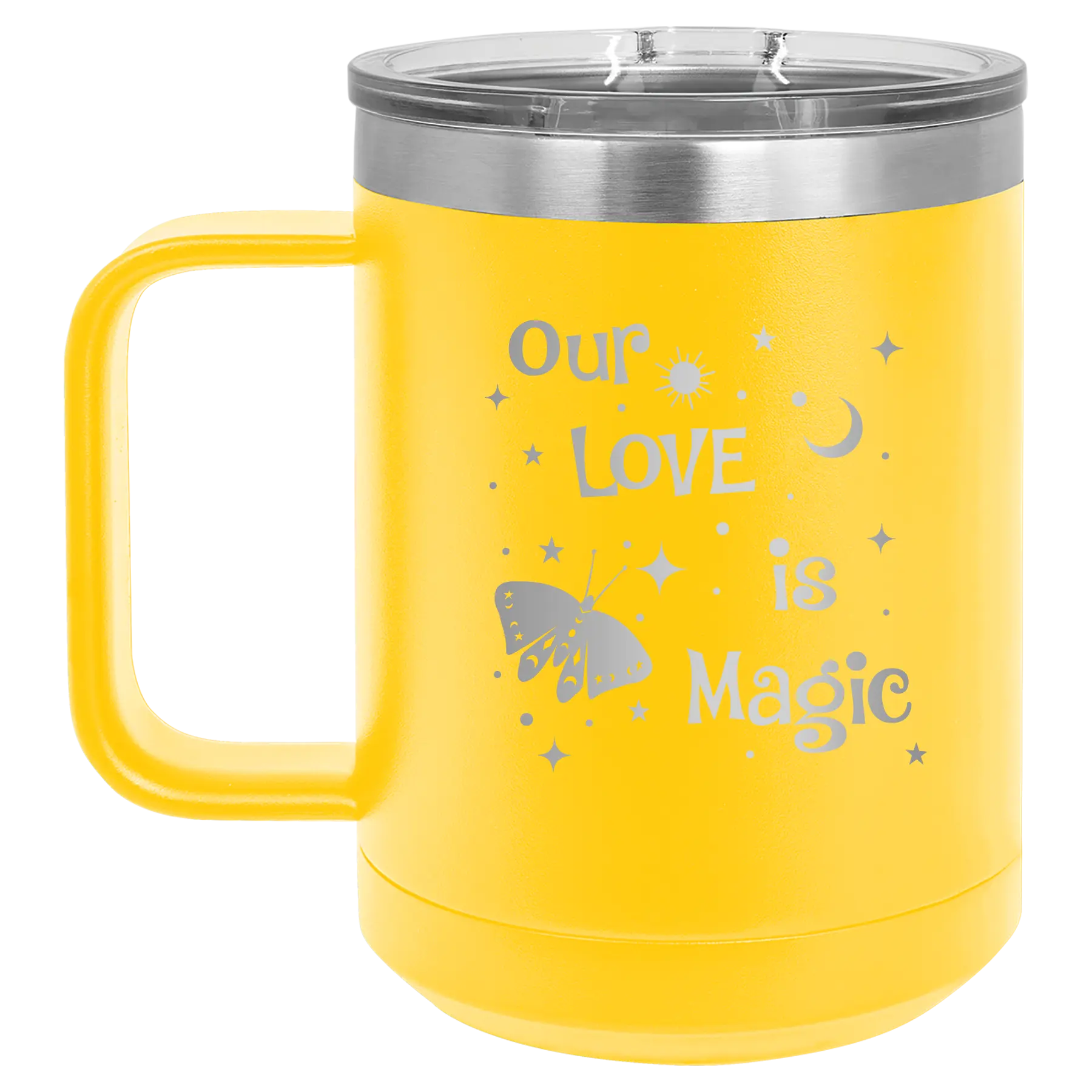 Laser etched yellow 15 oz vacuum insulated coffee mug with 'Our Love is Magic' design
