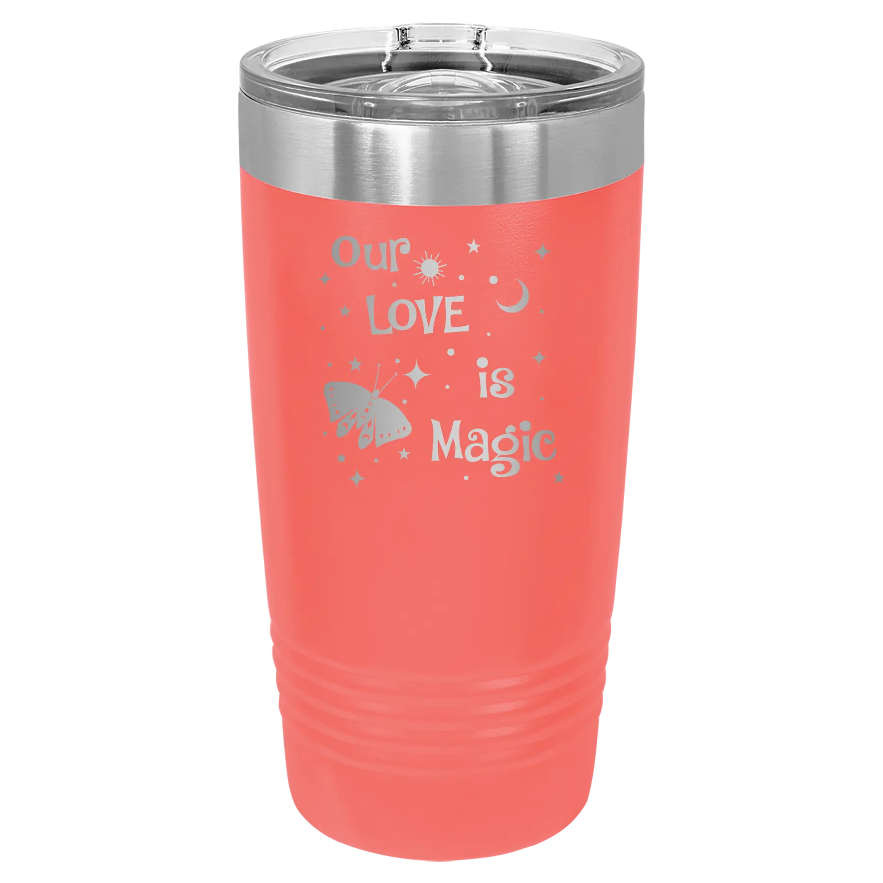 Laser etched coral 20 oz vacuum insulated tumbler with 'Our Love is Magic' design