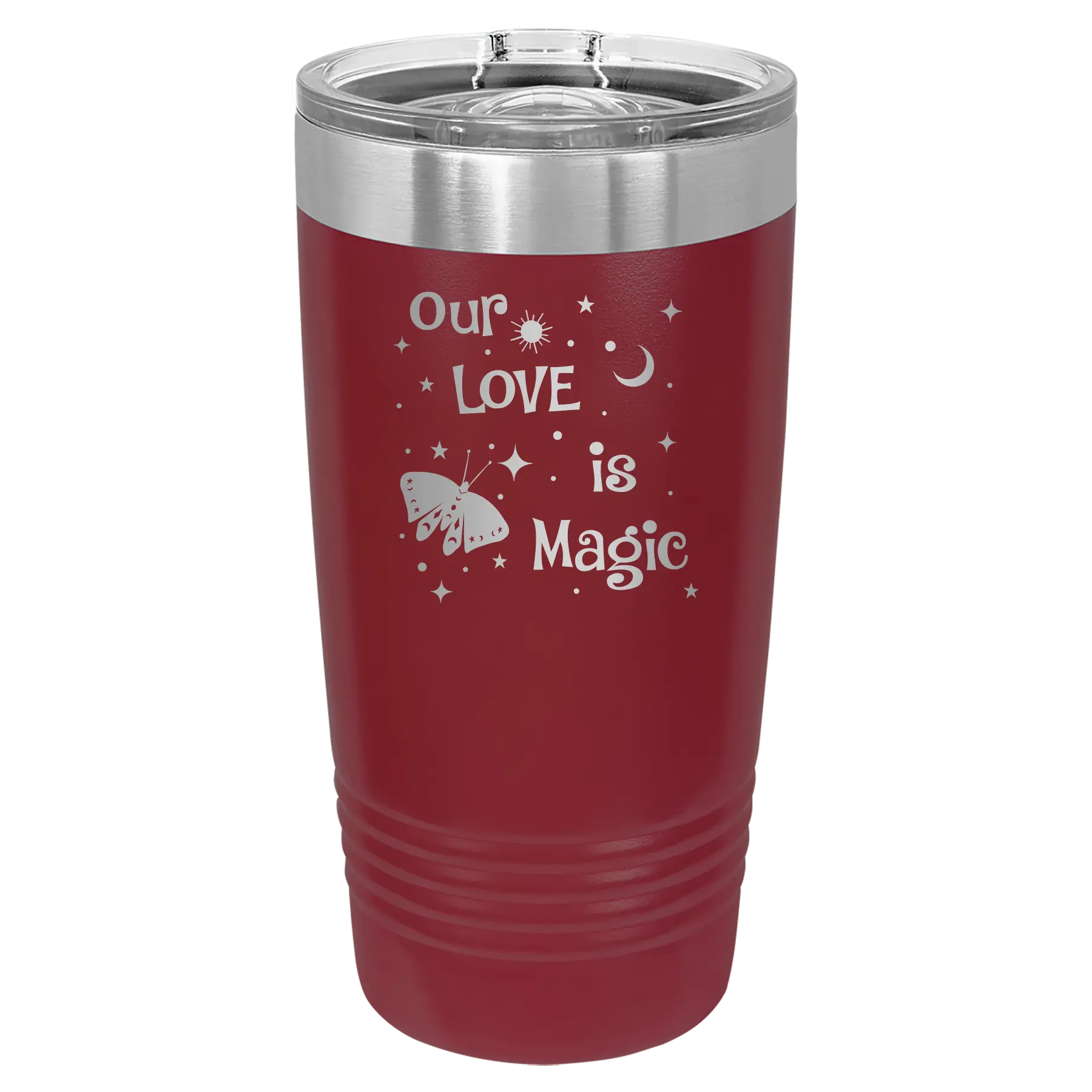 Laser etched maroon 20 oz vacuum insulated tumbler with 'Our Love is Magic' design