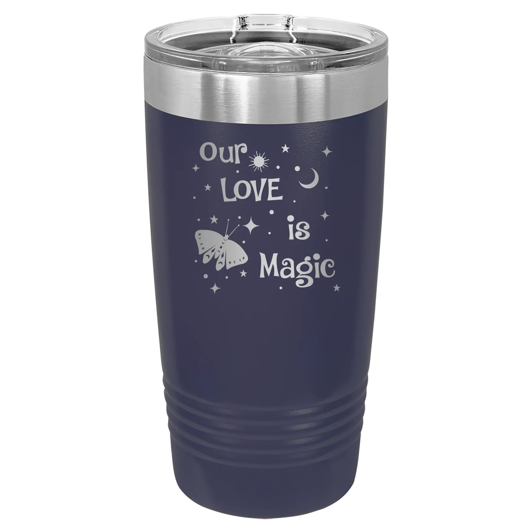 Laser etched navy 20 oz vacuum insulated tumbler with 'Our Love is Magic' design