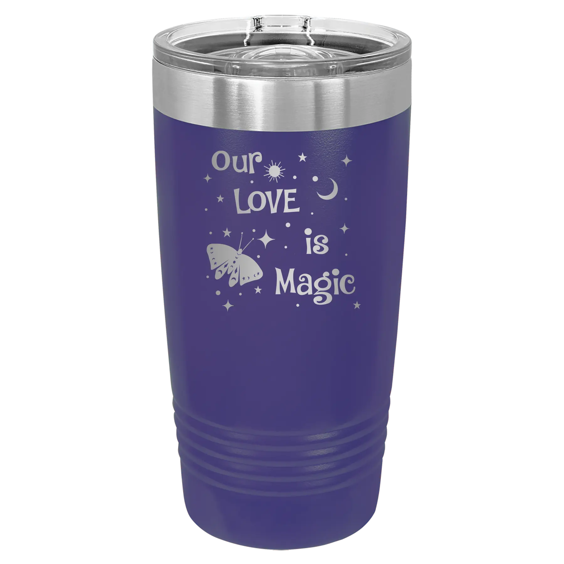 Laser etched purple 20 oz vacuum insulated tumbler with 'Our Love is Magic' design