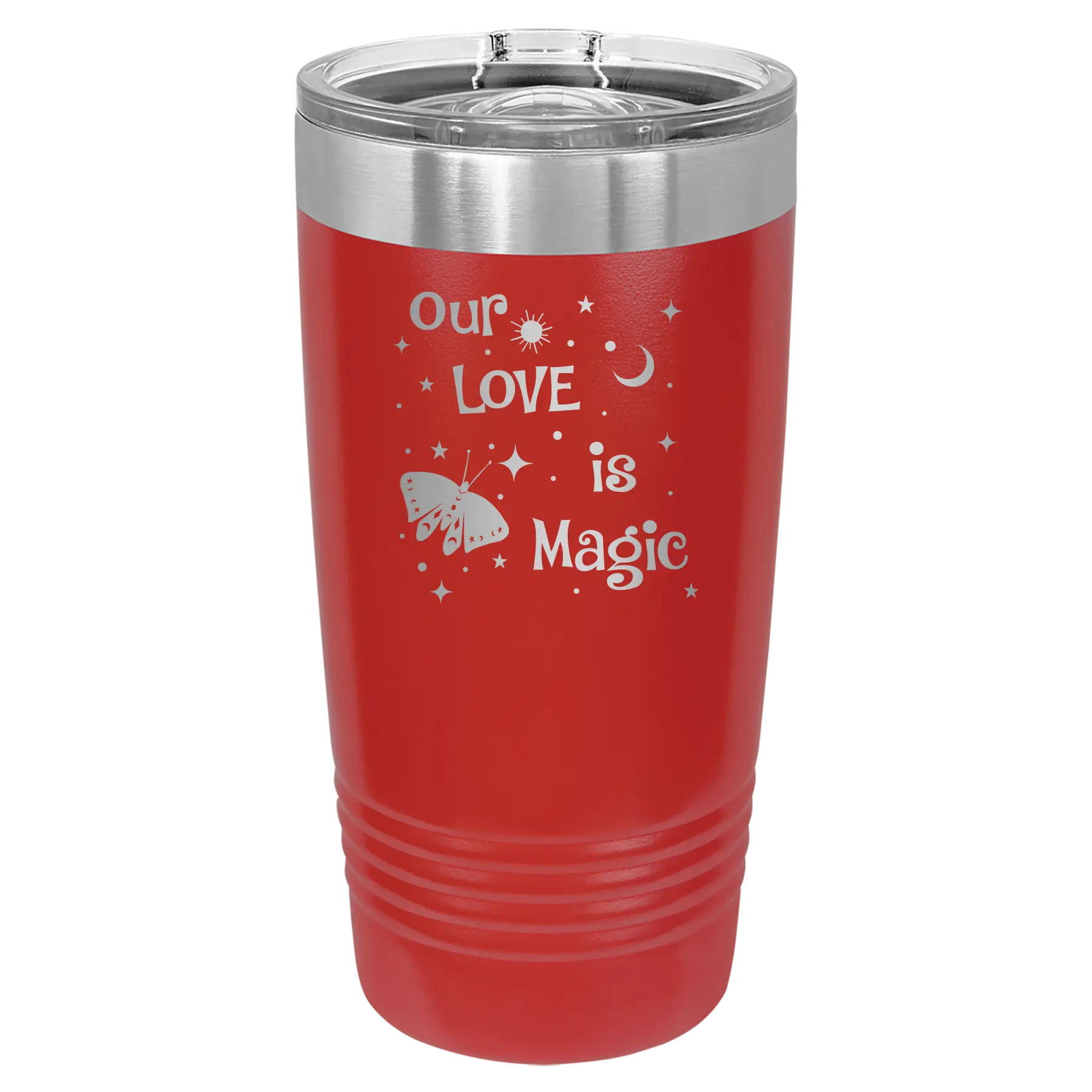 Laser etched red 20 oz vacuum insulated tumbler with 'Our Love is Magic' design