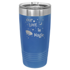 Laser etched royal blue 20 oz vacuum insulated tumbler with 'Our Love is Magic' design