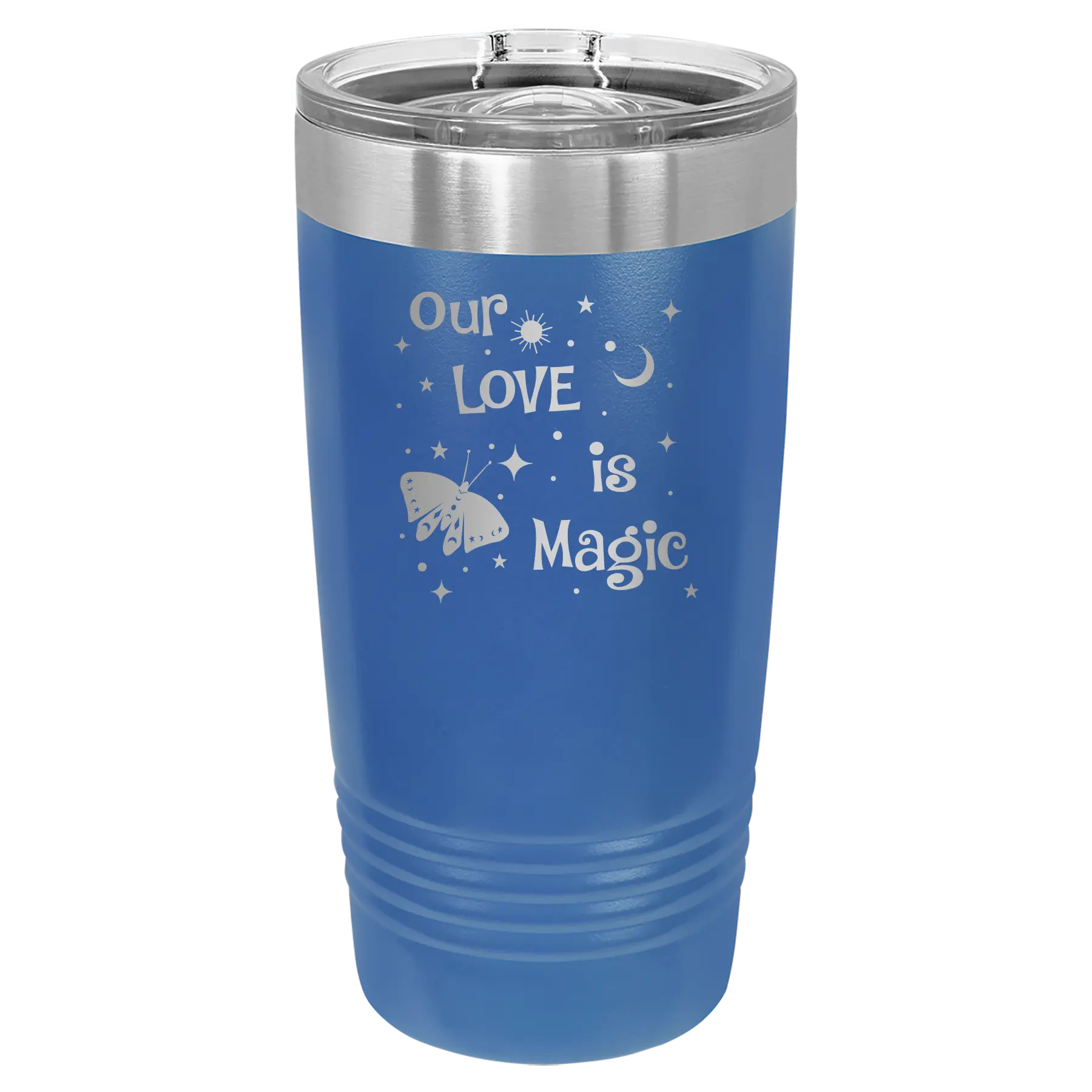 Laser etched royal blue 20 oz vacuum insulated tumbler with 'Our Love is Magic' design