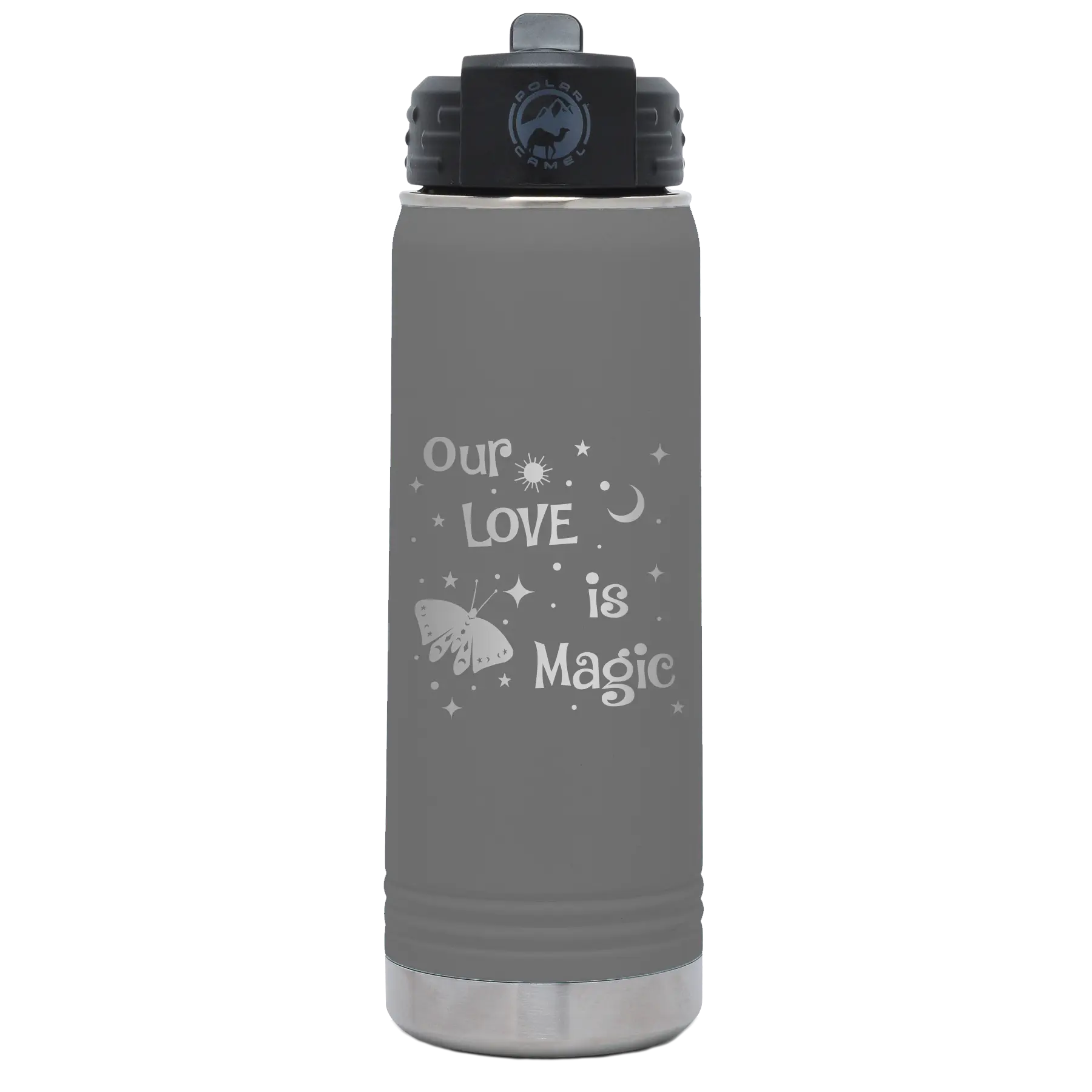 Laser etched dark gray 20 oz vacuum insulated water bottle with 'Our Love is Magic' design