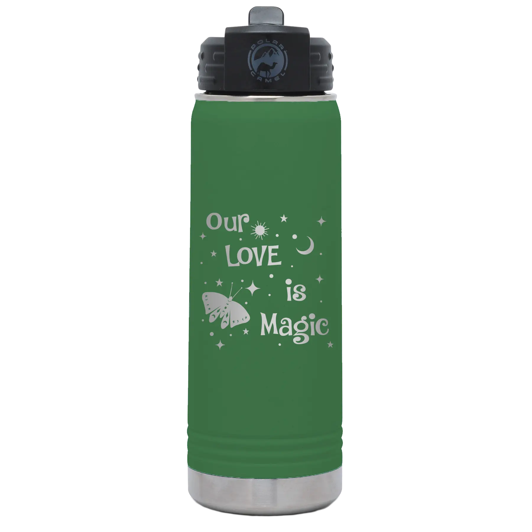 Laser etched green 20 oz vacuum insulated water bottle with 'Our Love is Magic' design
