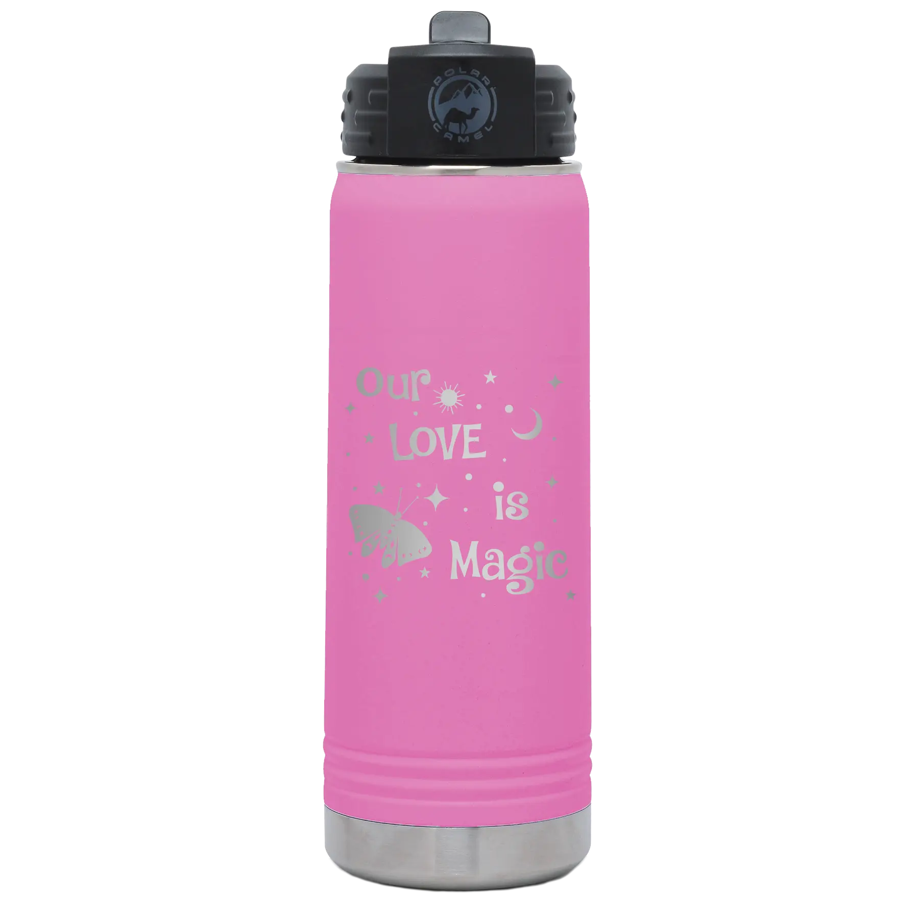 Laser etched light purple 20 oz vacuum insulated water bottle with 'Our Love is Magic' design