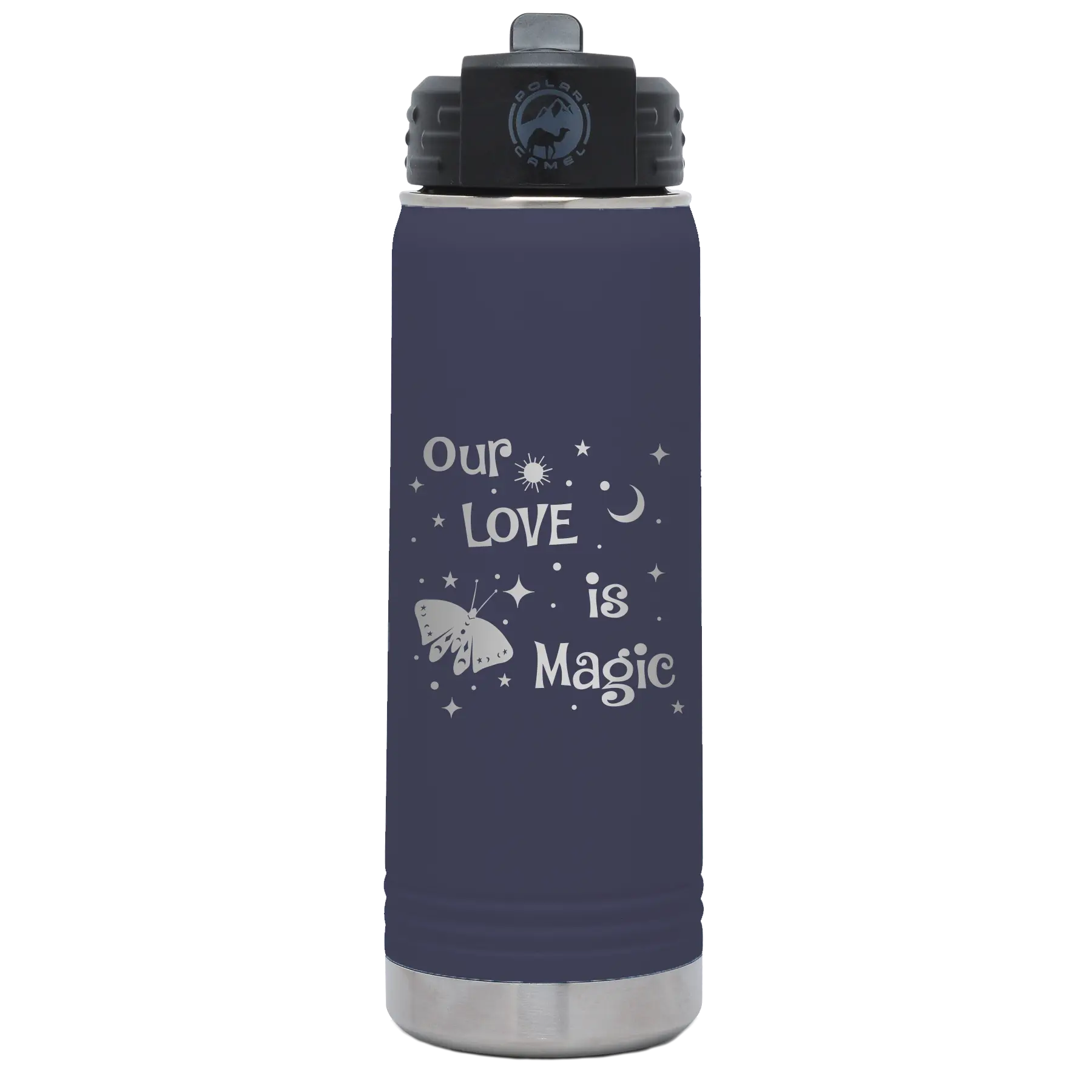 Laser etched navy 20 oz vacuum insulated water bottle with 'Our Love is Magic' design